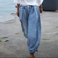 fashion button elastic waist commuter bloomers spring summer casual loose pants women denim blue vintage print street trousers