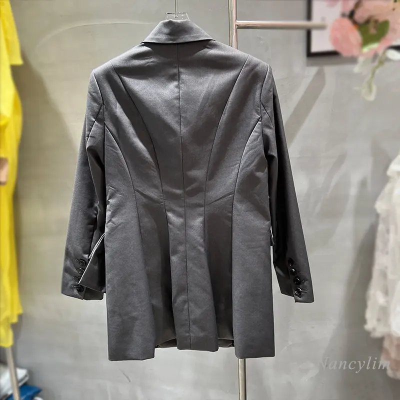 2023 Spring New Fashion Bow Grey Blazer for Women Elegant Professional Women Suit Jacket Ins Ladies Coat Outwears Long Coats