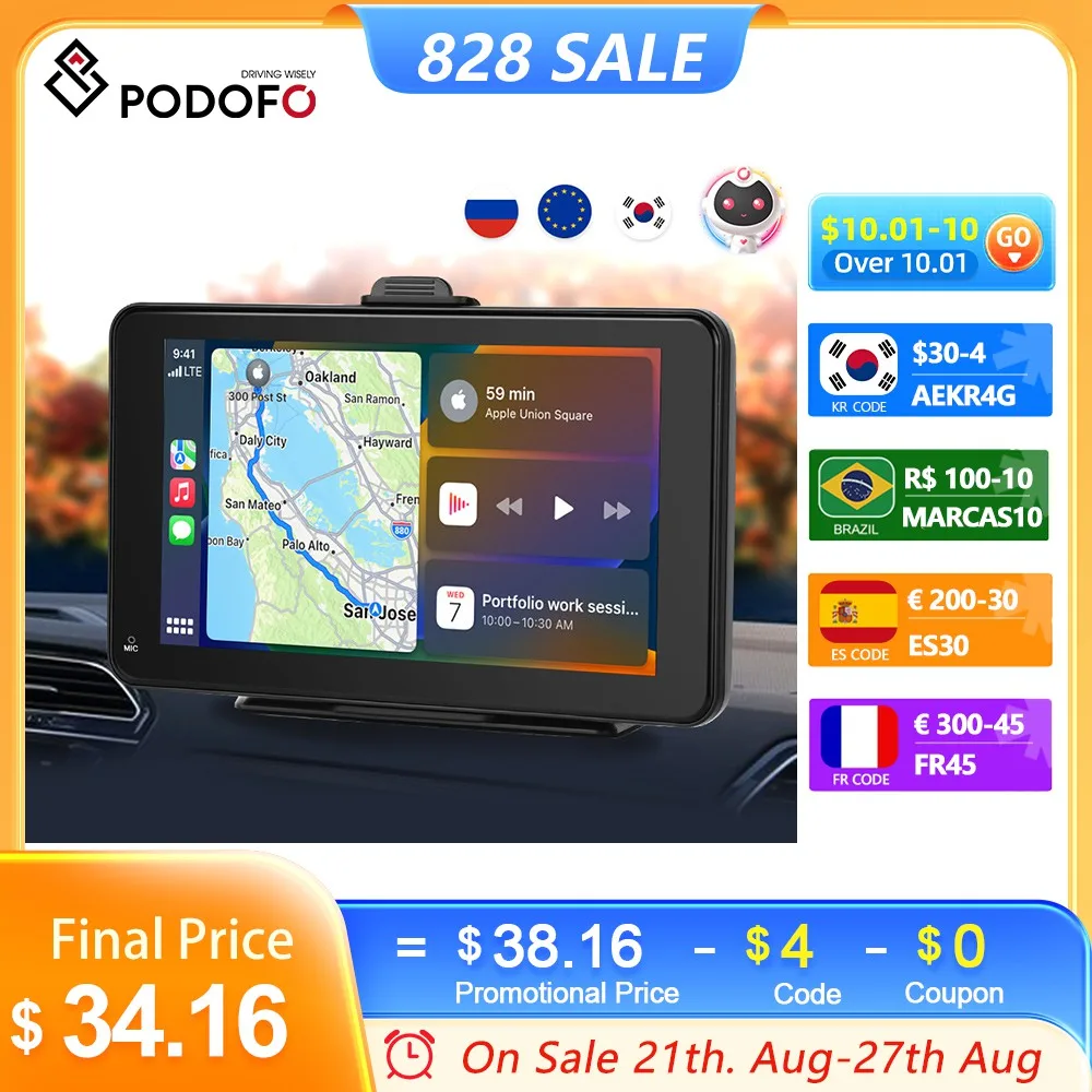 Podofo 7inch Car Radio Carplay Multimedia Video Player Navigation Stereo Wireless Android Auto MP5 Radio Bluetooth Voice Control