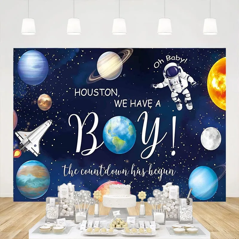 

Outer Space Theme Backdrop We Have a Boy Rocket Astronaut Planet Star Background Baby Shower Birthday Party Decorations Banner