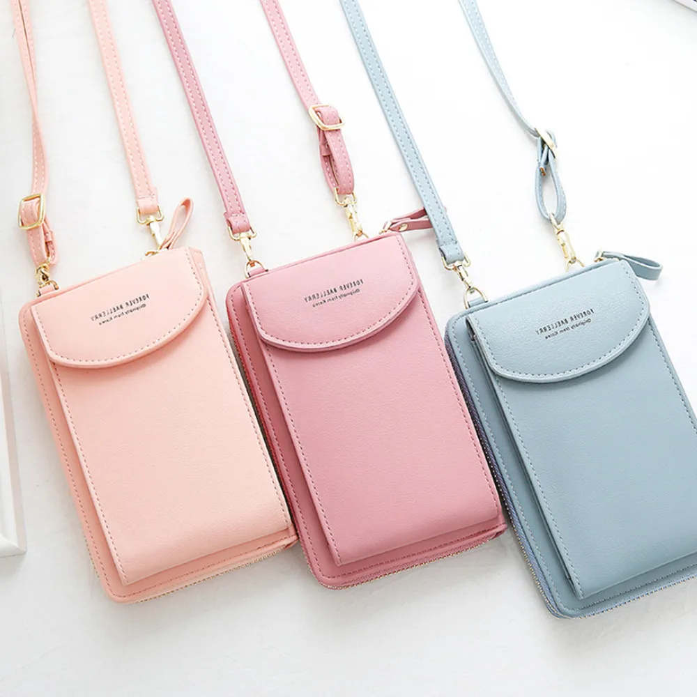 

Women Fashion Shoulder Bag Portable Mobile Phone Bag Solid Color PU Leather Big Card Holders Wallet Straps Pockets Handbags