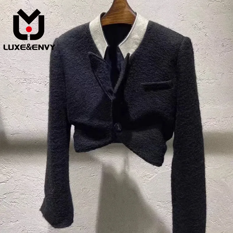 

Роскошная & ENVY маленькая дизайнерская фетровая шерстяная куртка для женщин, новый необычный высококачественный модный короткий шерстяной топ, осень 2023