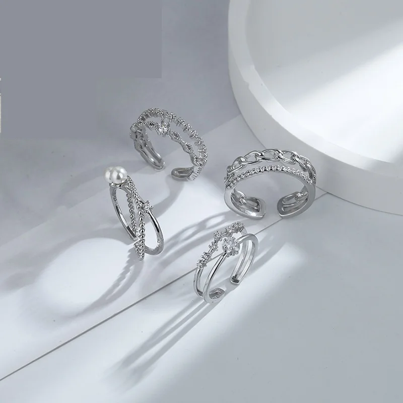 

925 Sterling Silver Inlaid Zircon Double Layer Chain Rings for Women Weddding Adjustable Pearl Ring Korean Fashion Jewelry