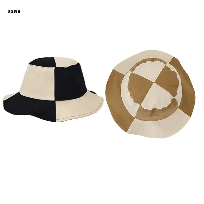 

Women Plaid Pattern Fishman Hat Wide Brim Foldable Cotton Bucket Hat Summer
