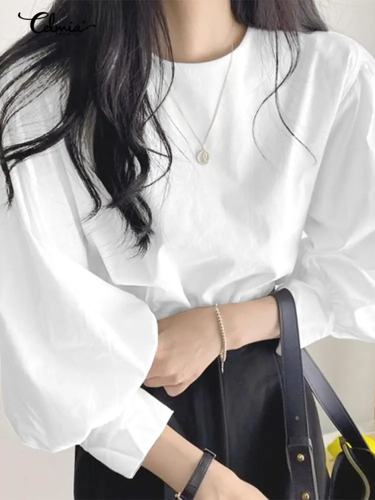 

Celmia Women Elegant Tunic Tops Solid Color Round Neck Casual Loose Korean Style Blouses Puff Sleeve Fashion All-match Shirts