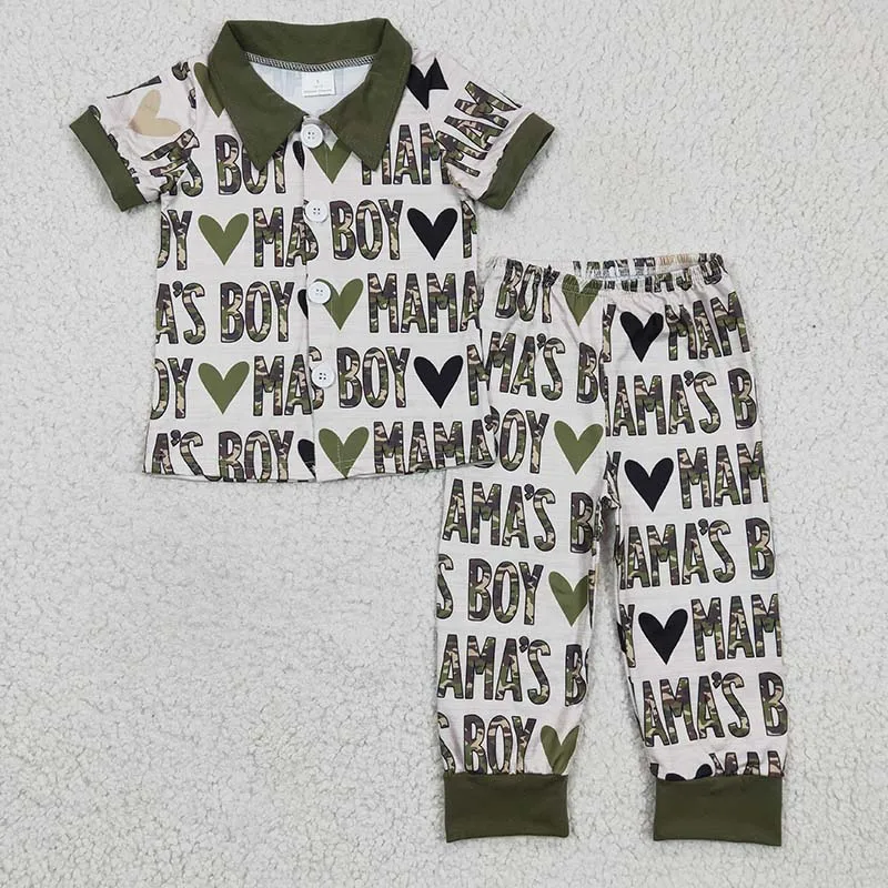 

Wholesale Toddler Mama's Boy Heart Sleepwear Baby Kid Short Sleeves Camo Shirt Tee Set Button Up Outfit Children Pants Pajamas