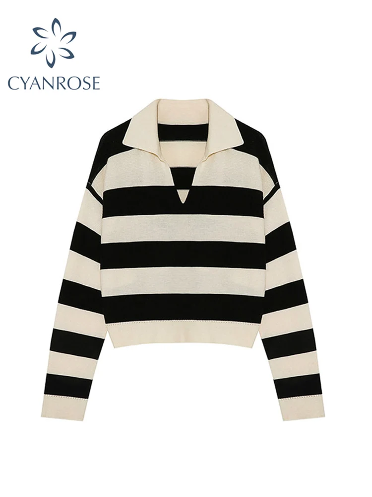 

Sweaters Women's 2022 Fashion Stripe Loose V-Neck Knitting Pullover Autumn Korean Vintage Casual Long Sleeve Female Pullover Top