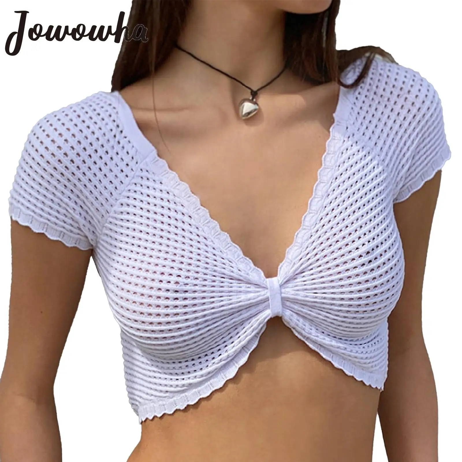 

Womens Hollow Out Ruched Knot Crop Top V Neck Short Sleeve Knitted Tops T-shirt Pool Party Beachwear Y2K Streetwear Clubwear
