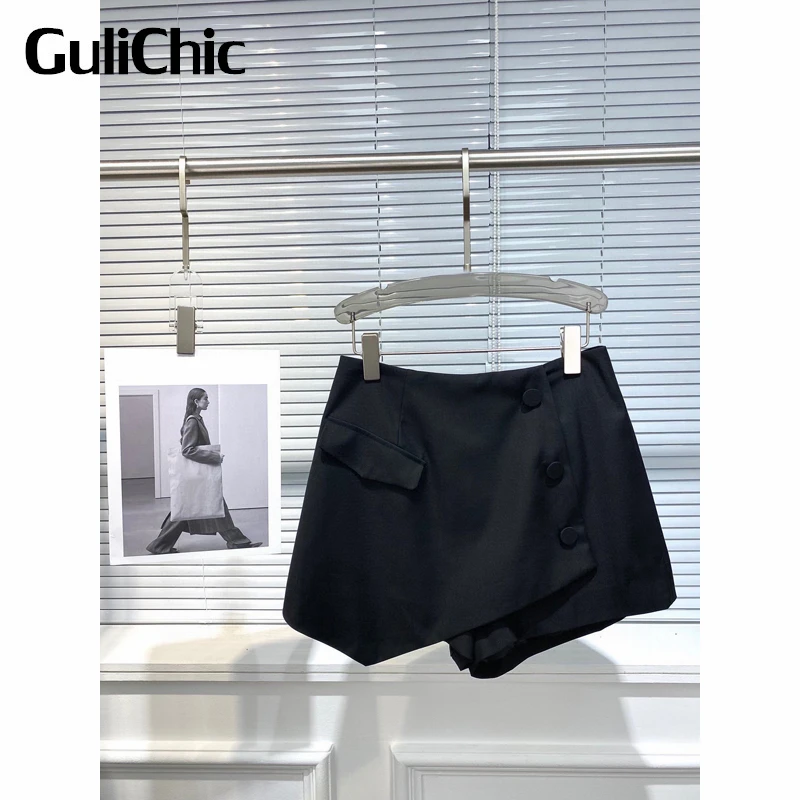 

Женская яркая Однотонная юбка GuliChic 6,2 года, черная юбка-шорты с асимметричным подолом и пуговицами