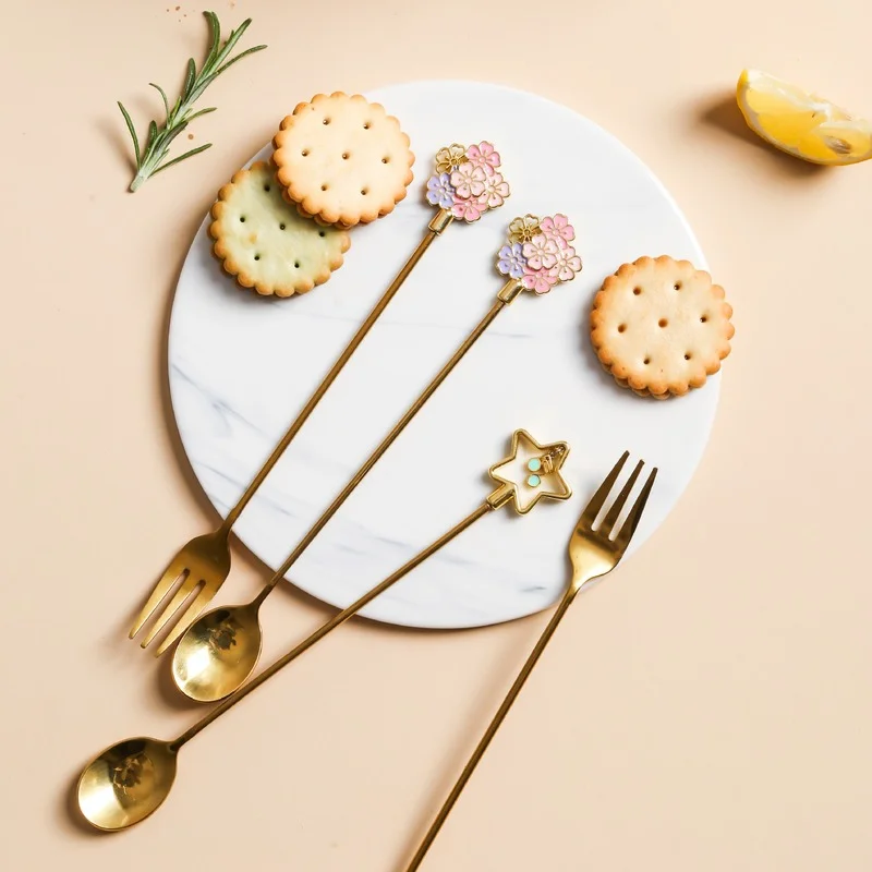 

Sakura Spoon Japanese Creative Cute 304 Stainless Steel Spoon Fork Coffee Spoon Long Handle Stirring Spoon Dessert Fork Spoon