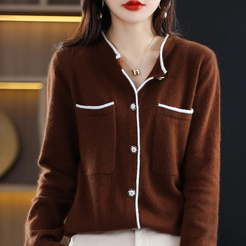 

Женский осенне-зимний трикотажный свитер из 100% шерсти с круглым вырезом и длинными рукавами