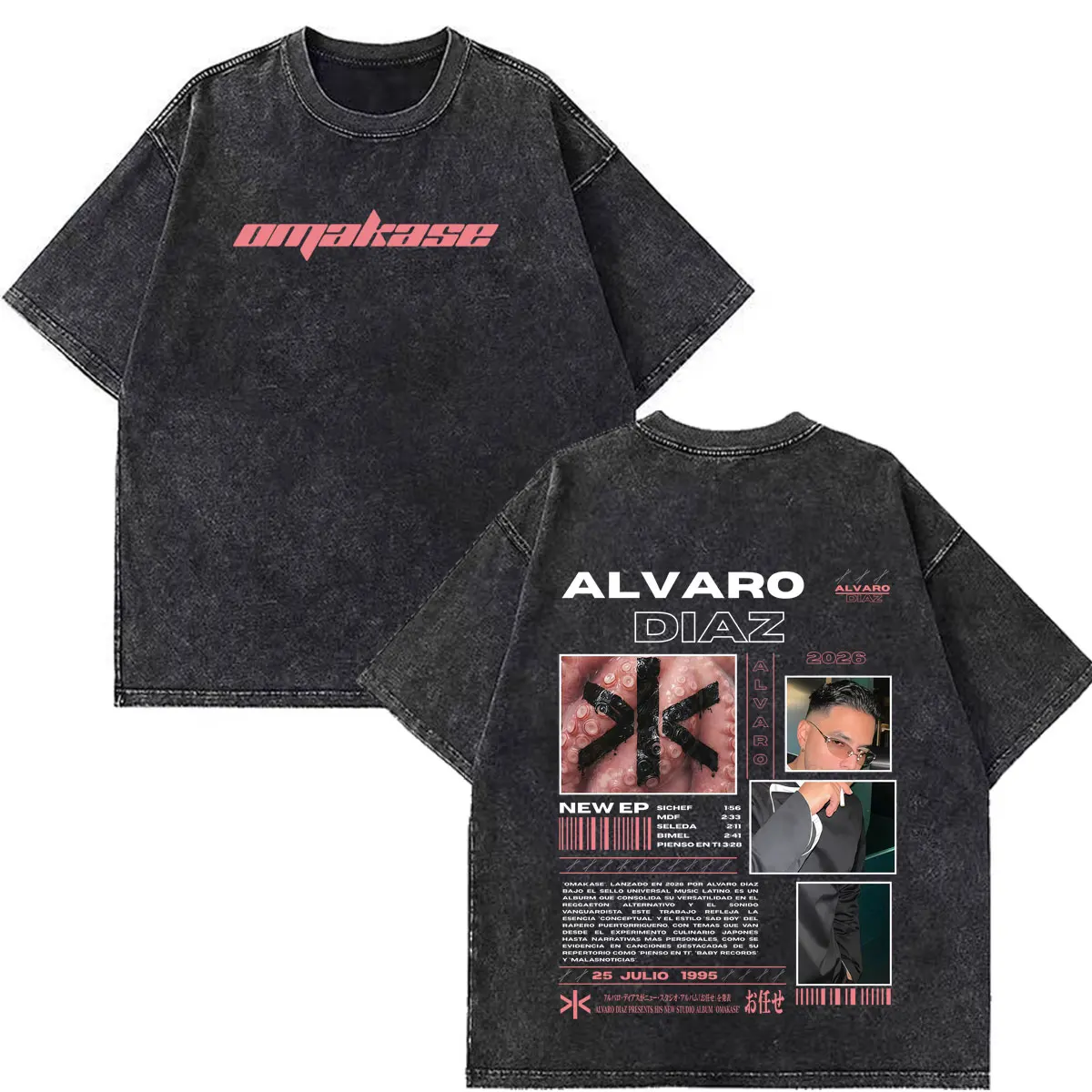 Фото Футболка Alvaro Diaz Omakase Album 2026 Tour Merch, винтажная, с эффектом потертости, унисекс, свободного кроя, повседневная, летняя, хлопковая, модная №5