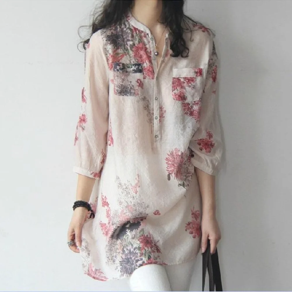 

2022 Chinese Style Summer Long Loose Cotton Linen Shirts Joker Ladies Print Big Size Top Women Chinese Traditional Blouses Xxxl