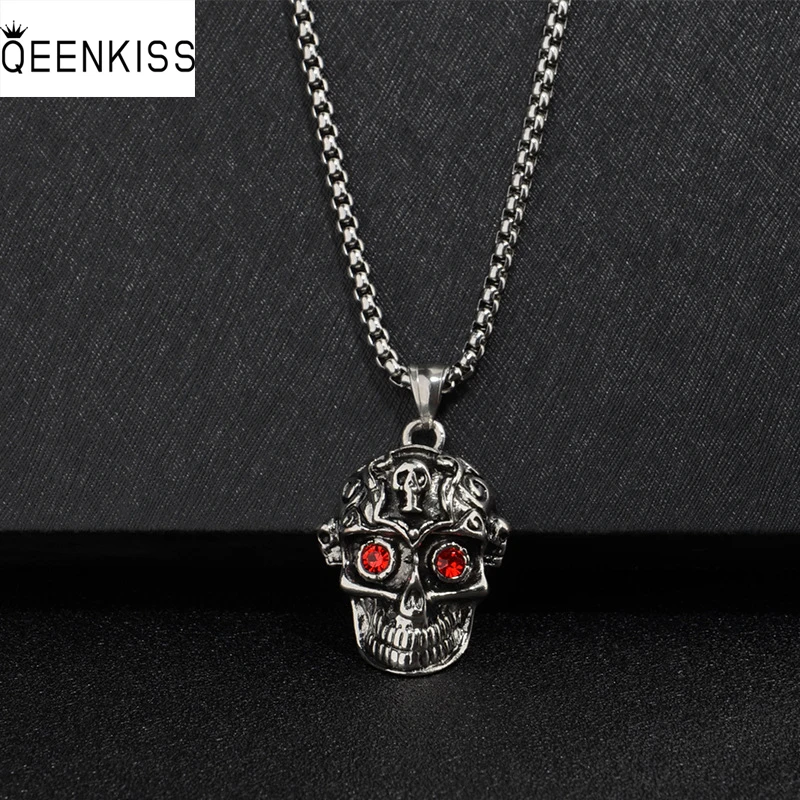 

QEENKISS NC8119 Fine Jewelry Wholesale Fashion Trendy Man Birthday Wedding Gift Punk HipHop Style Skull Titanium Steel Necklace