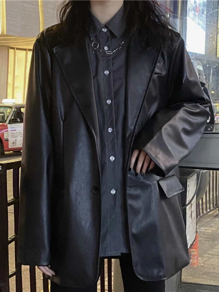 Korean Black Leather Moto Jacket Women Vintage Warm Loose Chic Leather Blazers Female Streetwear Fashion Casual Coat 2022 Autumn