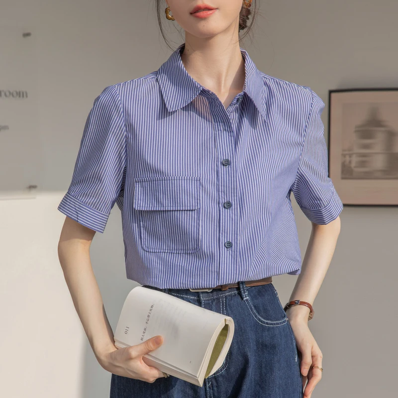 Женская рубашка с коротким рукавом и отложным воротником Офисная Повседневная