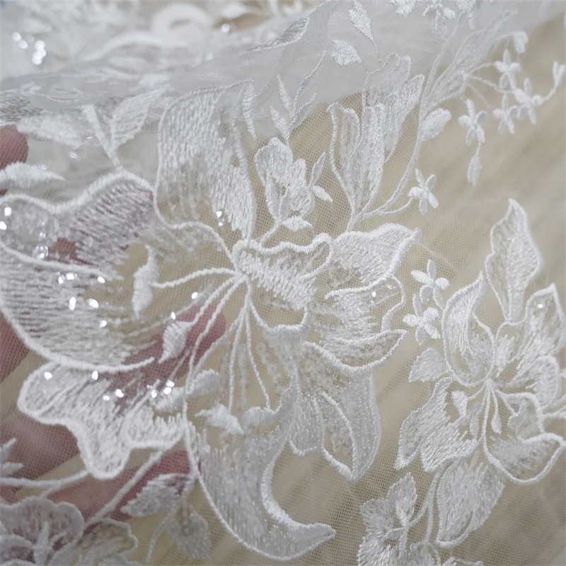 Кружевная ткань 1 ярд цвета слоновой кости с блестками и лепестками сетчатая
