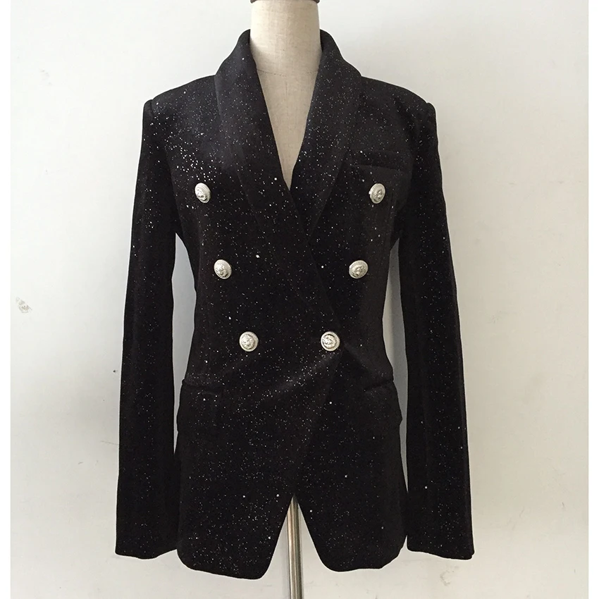 HIGH QUALITY New Fashion 2023 Fall Winter Designer Blazer Women's Lion Buttons Sheer Star Silver Glitter Velvet Blazer Coat