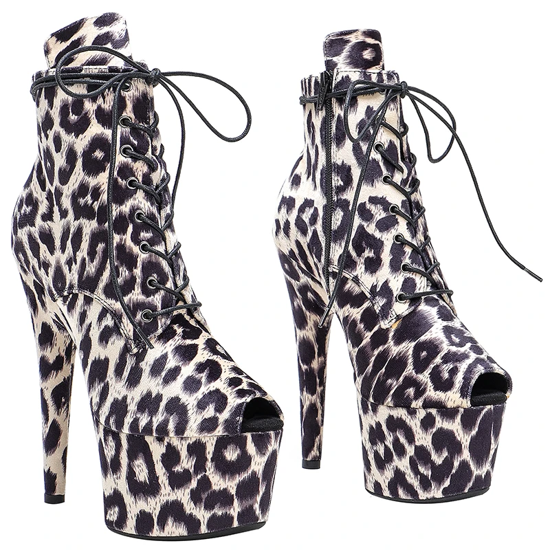 Leecabe 17CM/7inches ankle boots  leopard upper open toe   platform party  shoes Pole Dance boot
