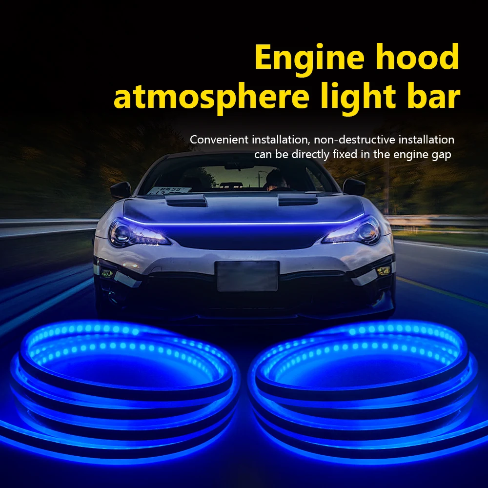 1x Car Hood Daytime Running Light Strip Waterproof Flexible LED Auto Decorative Atmosphere Lamp Ambient Backlight 12V Universal