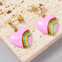 romantic pink heart rainbow dangle earrings for women girls boho stainless steel dropping oil stud earrings party jewelry gifts