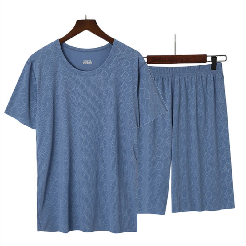 Summer Men's Pajama Sets Fashion Printing Homewear Ice Silk Short Sleeve T-shirt Shorts Suit Sleepwear 2 Piece Set Loungewear