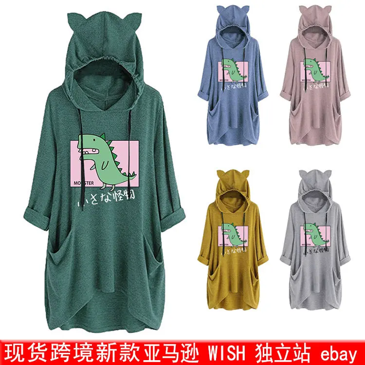 

2023 A Kawaii Dinosaur Cat Ears Hoodies Women Aesthetic Graphic Anime Hoodie Unisex Autumn Winter Manga Hooded Sweatshirts