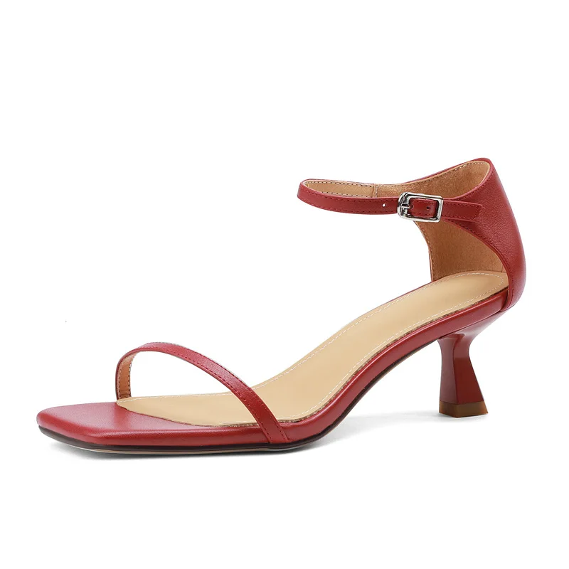 

Genuine Leather Women Ankle Wrap Sandals New Summer High Square Heels Sandal Beige Black Wine Red Sexy Lay Buckle Open Toe Shoes