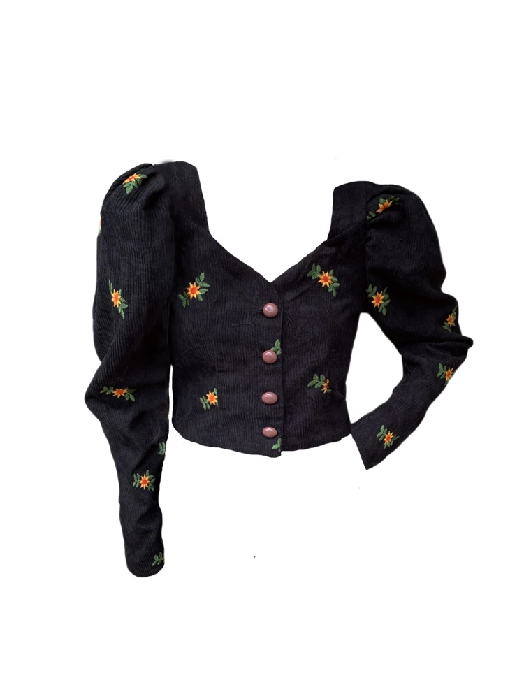 

2023 Autumn Winter French Elegant Floral Embroidery Casual Shirts V-Neck Single Breasted Sweet Blouses Tide Gyaru Y2k Coquette