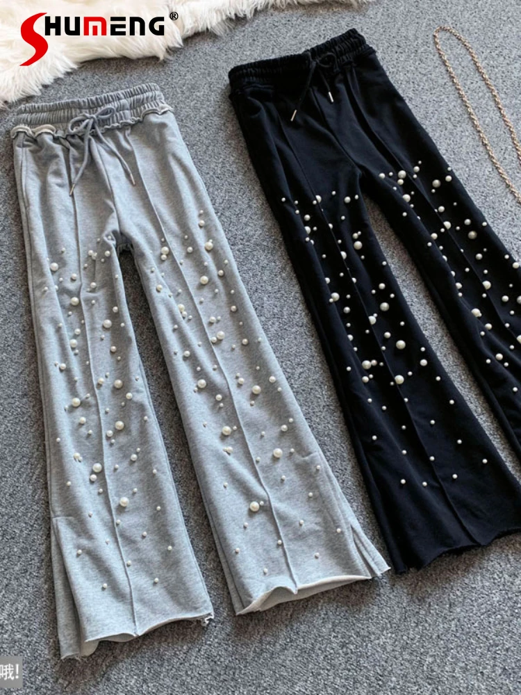 

Casual Women's Beaded Cotton Gray Wide Leg Trousers 2022 Autumn New Loose Elastic High Waist Drooping Straight Sports Pants