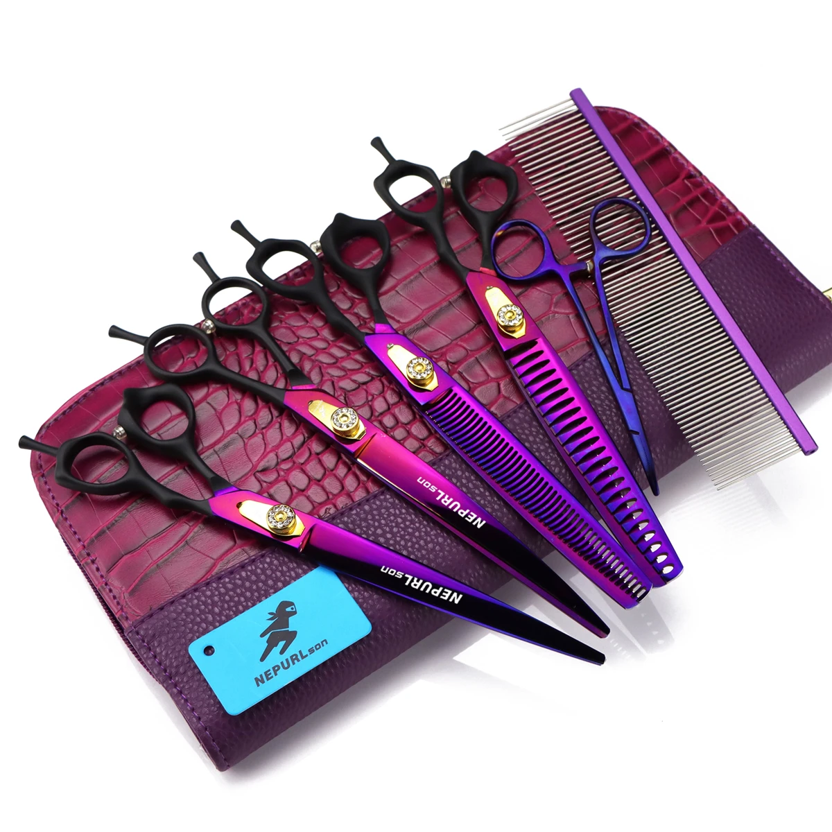 

Purple 8“ Japanese 440C Professional Dog Grooming Scissors Kit Straight Shears Pet Thinning Shears Animal Curved Scissors 13#