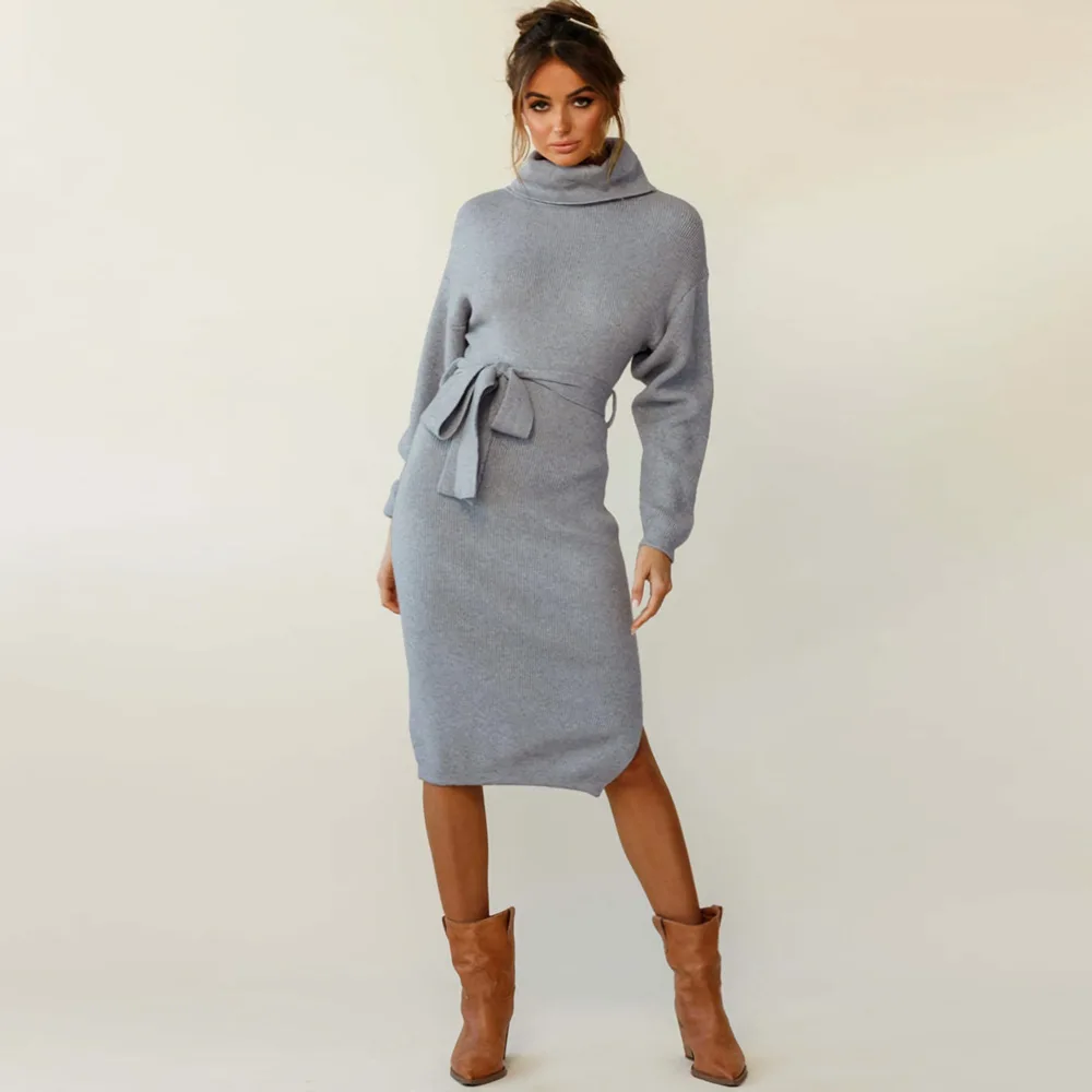 

Women Autumn Winter Button Long Sleeve Knitted Slim Dresses Female Ladies Turtleneck Sweater Dresses Elastic Knit Dress Vestidos