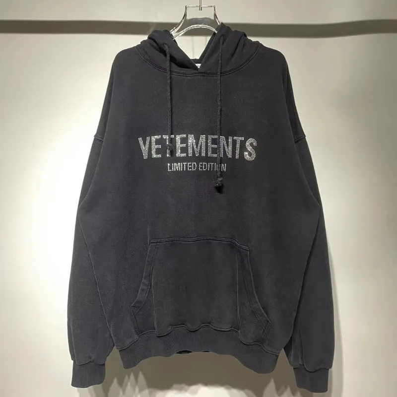 

VETEMENTS Wash Black Hot Diamond Letter Hoodie Men's Women's High Quality Loose Relaxed Hoodie Sweatshirt
