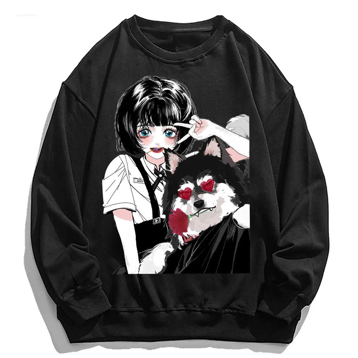 

New Spring Japan Kawaii Girl Goth Anime Hoodie O-neck Sweatshirt Women Big Size Tops Beige Black Clothes Harajuku Casual Teens