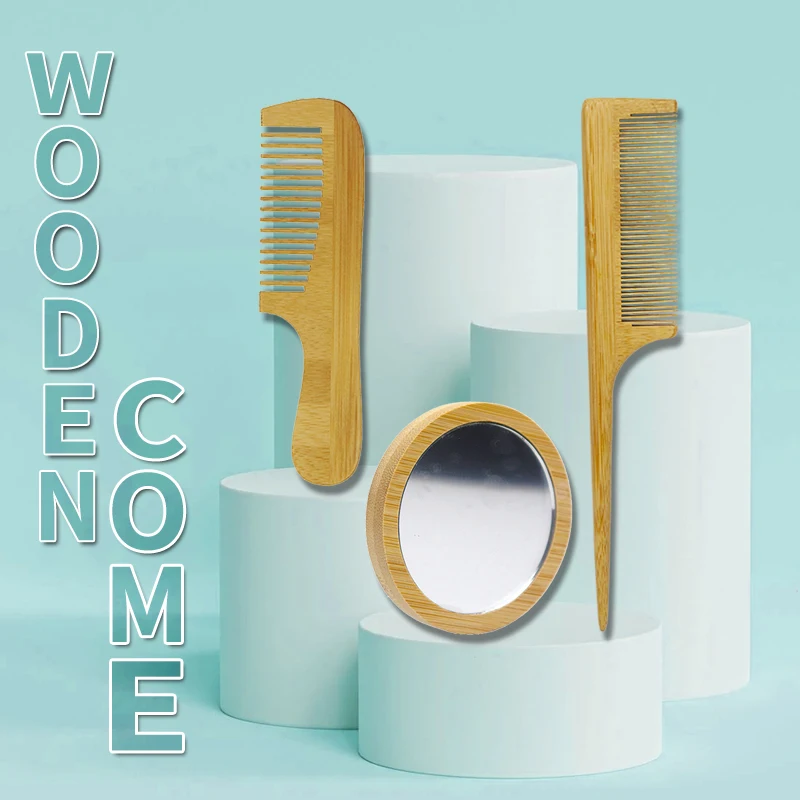 

Own Brand Logo Pure Wooden Hair Comb Set For Women Wood Rat Tail Comb Round Portable Mirror Hairdressing Styling Tool