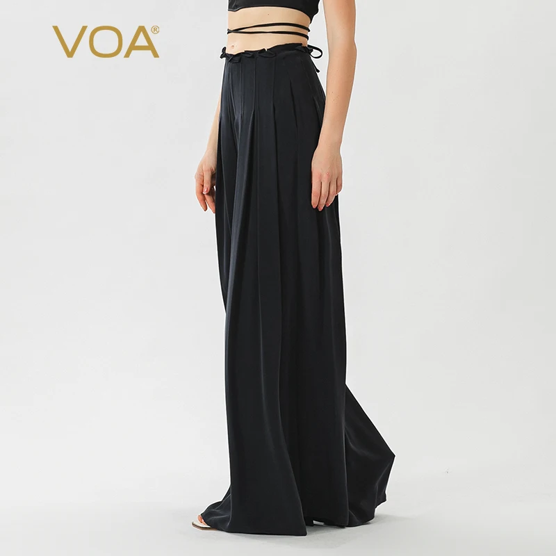 

VOA 30 Momme Heavyweight Mulberry Silk Navy Blue Natural Waist I-shaped Pleated Old Sand Washed Loose Silk Wide-leg Pants KE732
