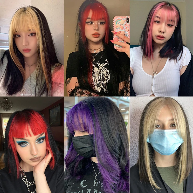 MANWEI Synthetic Wig Double Temple With Bangs Dye Long Black Straight Hair Cosplay Wig Red Blue Pink Multi-Color