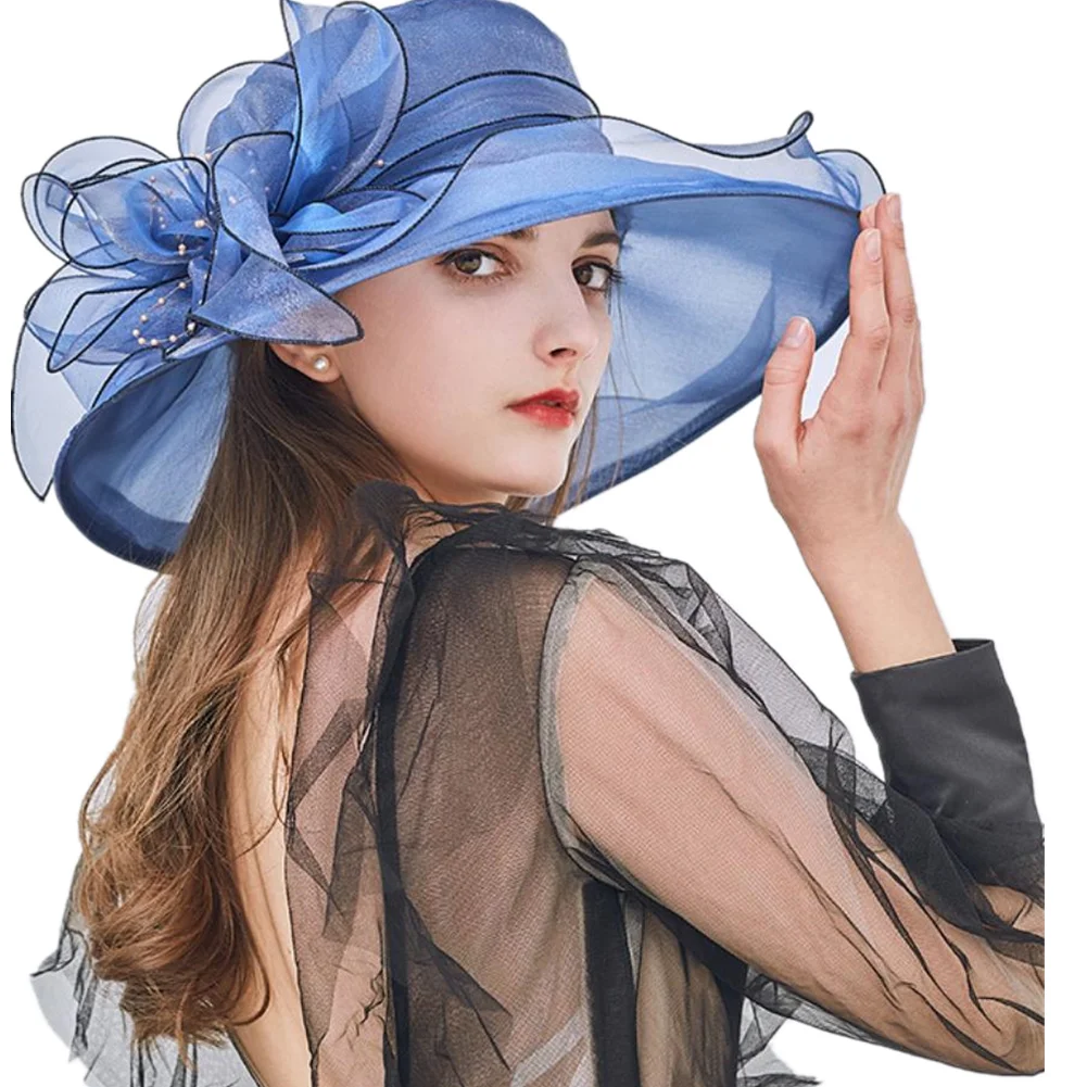 

Floral Organza Wide Brim Bucket Hats Church Kentucky Derby Fascinator Millinery Lady Tea Party Sun Beach Hat Women Elegant Cap