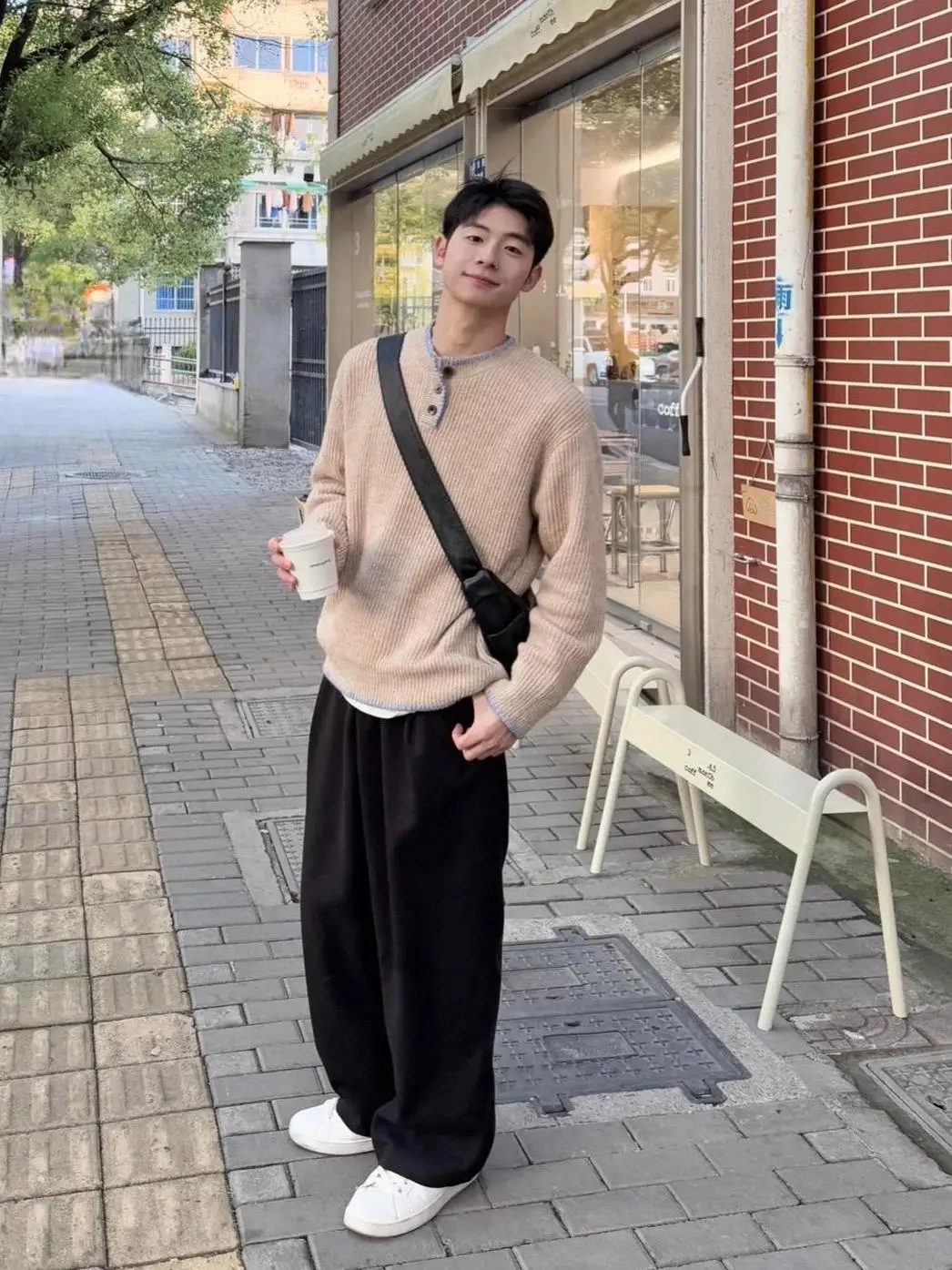 Абрикосовый американский винтажный свитер с воротником Генри мужской