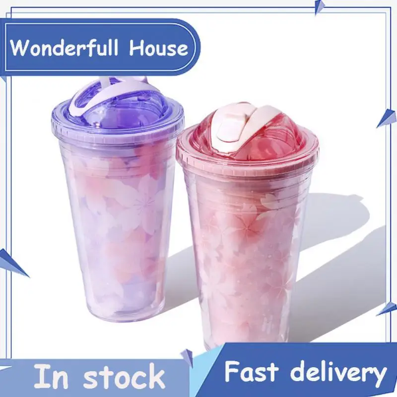 

480ml Creative Cherry Blossom Straw Cup Double Layer Plastic Water Cup Reusable Tumbler Coffee Mug Portable Water Bottle Gifts