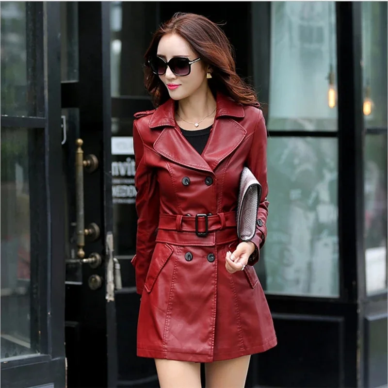 

2022 Autumn New Women Long Leather Jacket Slim Oversize Bow Belt Motorcycle PU Coat Female Detachable Bomber Jacket L-6XL
