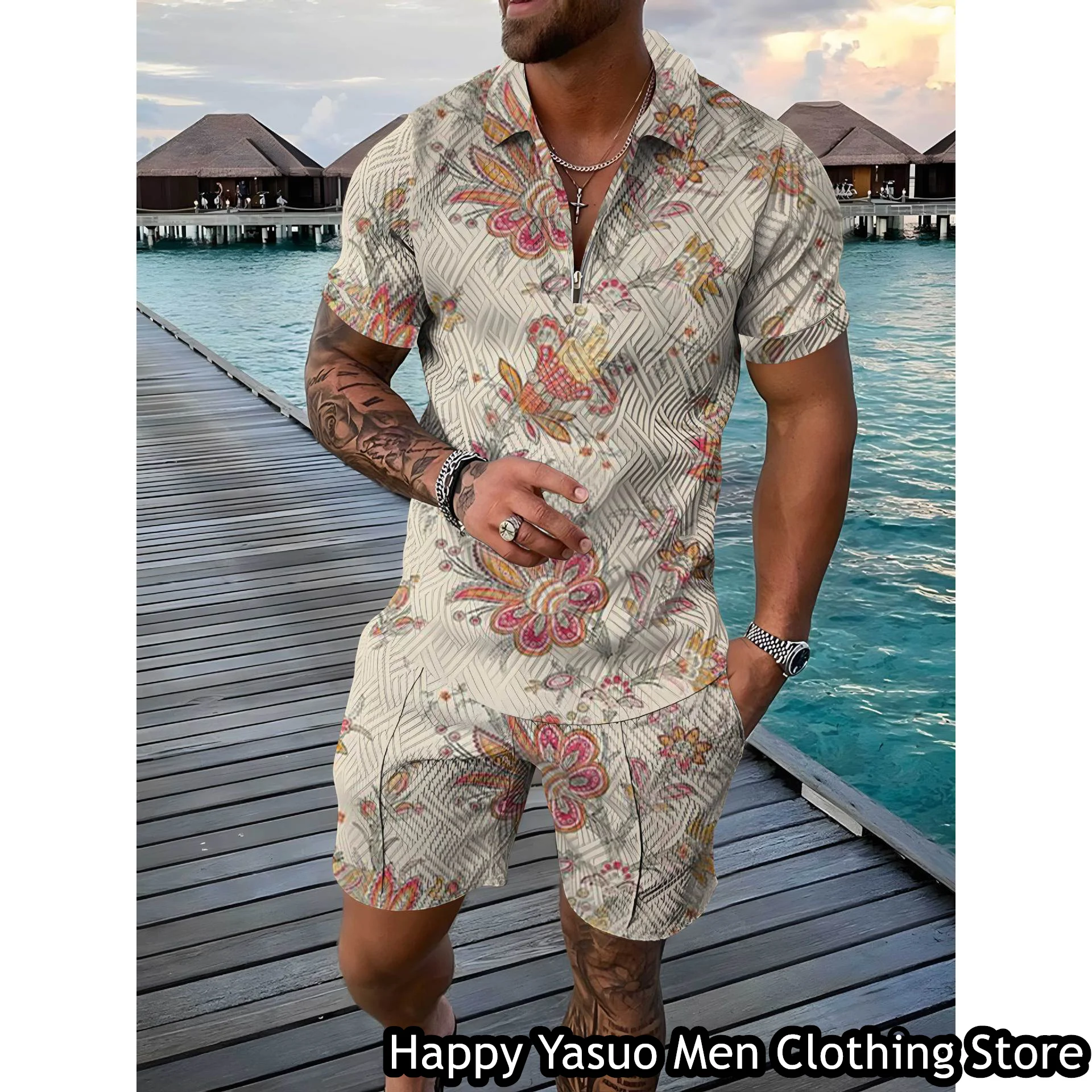 Summer Men Floral Printing Polo Shirt Shorts Man Turn Down collar Polo Set 2 Pieces Fashion Outfit Male Casual Vintage Clothing