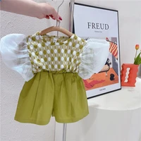 summer new girls korean style two piece set of puff sleeve top and shorts baby girl clothes baby girl clothes