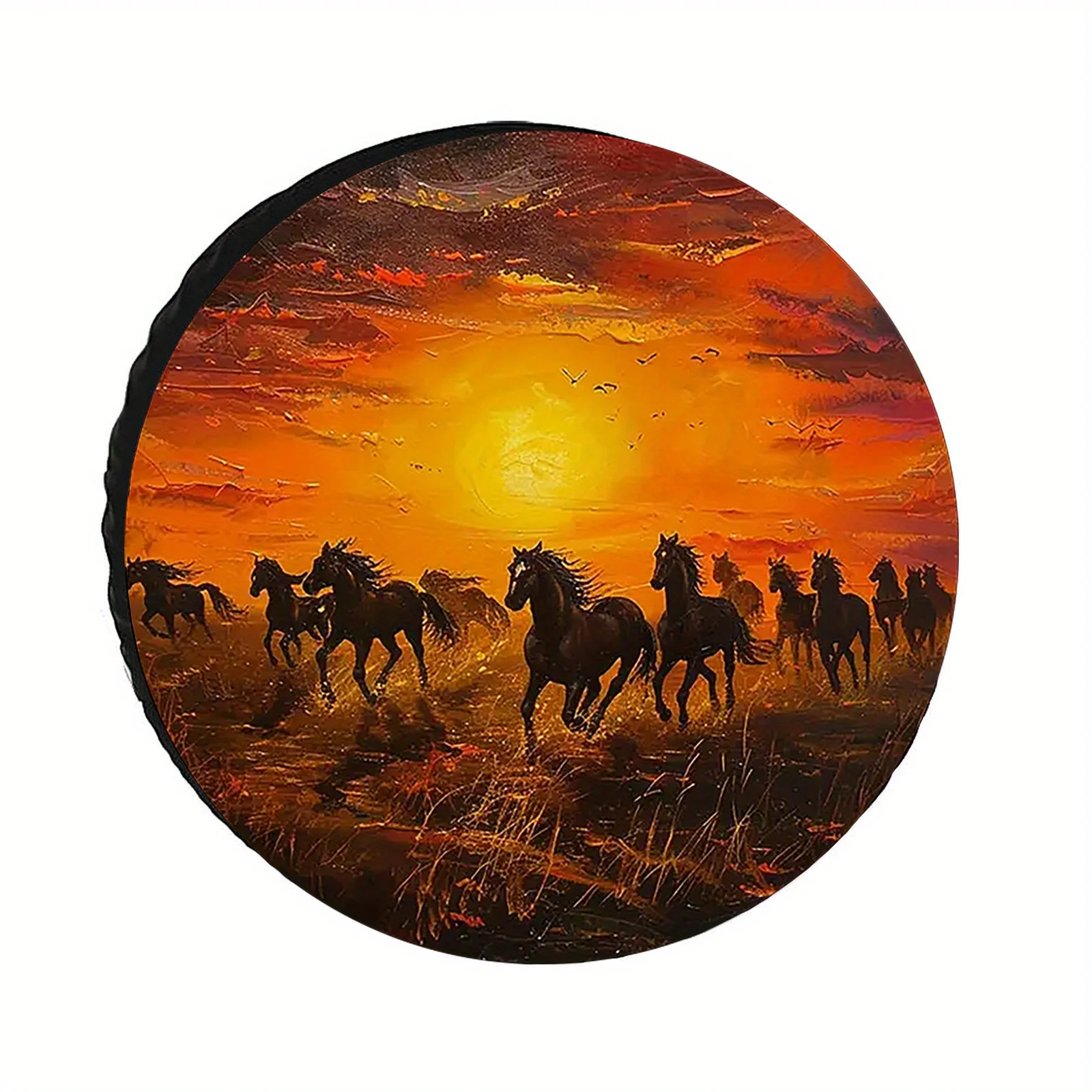Фото 1 шт. - Чехол для запасного колеса Vibrant Sunset Mustangs Galloping - Прочный полиэстер, ветрозащитный и пылезащитный, легко устанавливается для автодомов №1