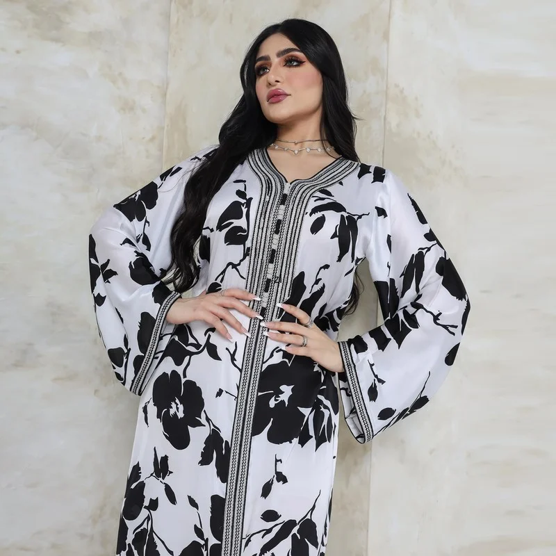 Elegant Ethnic Print Maxi Dresses For Women 2022 New Muslim Jalabiya Gown Dubai Abaya Moroccan Caftan Boubou Robe Clothes