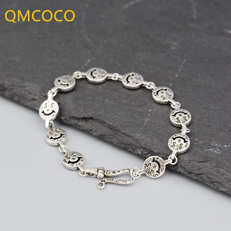 

QMCOCO Silver Color Trendy Geometric Graffiti Smiley Face Punk Bracelet Woman INS Creative Design 2022 Retro Rock Accessories
