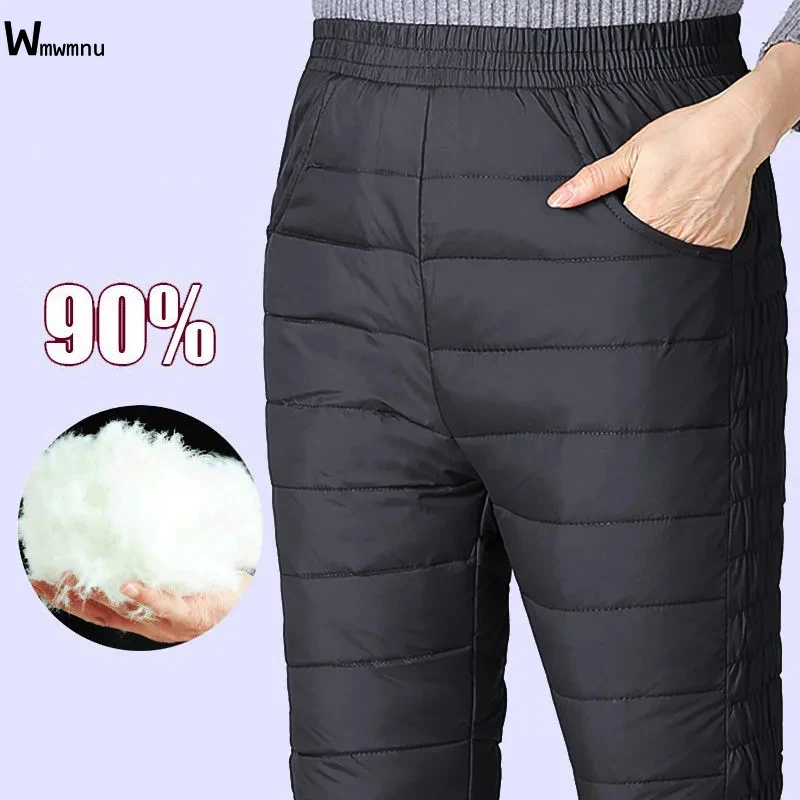 Warm Elastic Waist 5XL Plus Size Winter Trousers Women Snow Wear Cotton Thick Pantalones Mom's Black/Red White Duck Down Pants