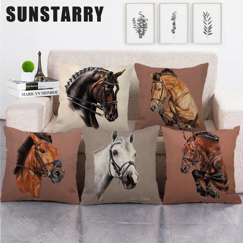 

Animal Pattern Pillow Case Decoration Linen Cushion Cover Simple Wind Throw Pillows Set Restoring Ancient Horse Head 45x45cm