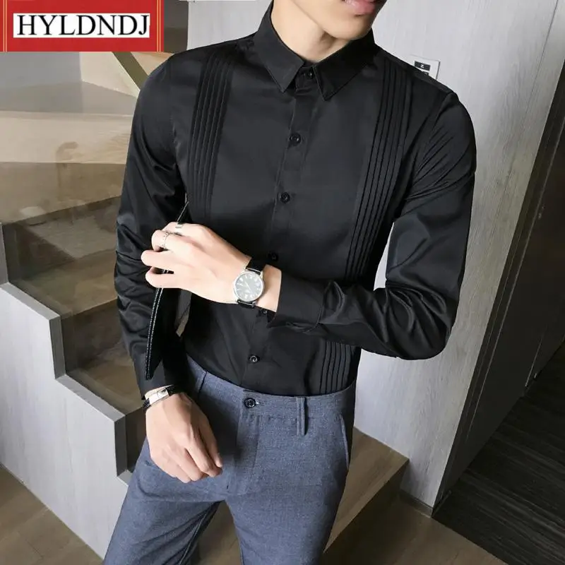 

New Mens Long Sleeve Blouse Gentleman Groomsman Party Wedding Ceremonial Shirt Man Tuxedo Shirts Front Pleated Dress Slim Fit