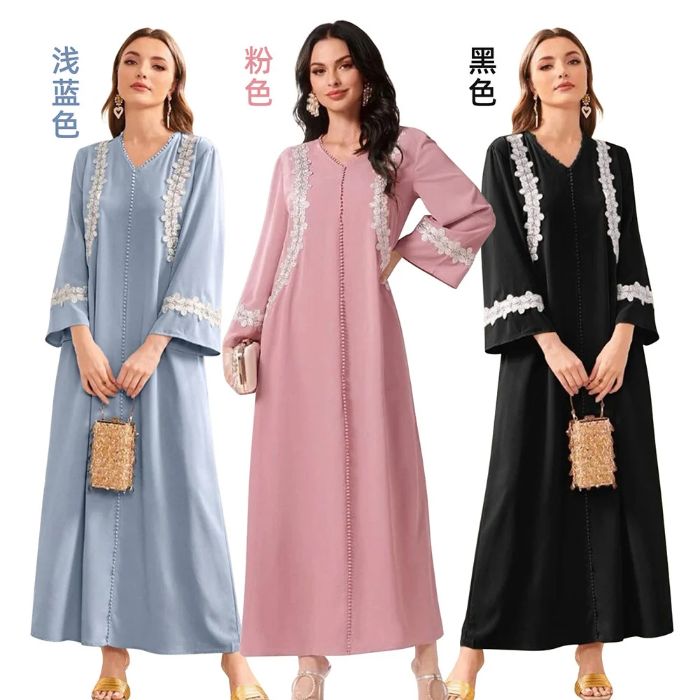 

Muslin Abaya For Women V-neck Long Sleeves Lace Simple And Comfortable Big Robe Muslim Dubai Turkey Robe For Summer